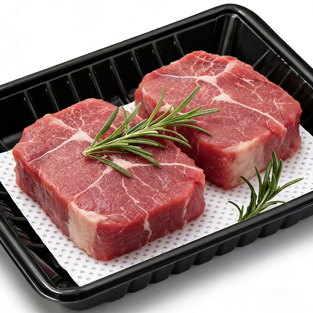 Almohadilla de carne s&uacute;per absorbente en bandeja de pl&aacute;stico negro con filetes de ternera frescos para supermercado, venta al por menor, embalaje al por mayor